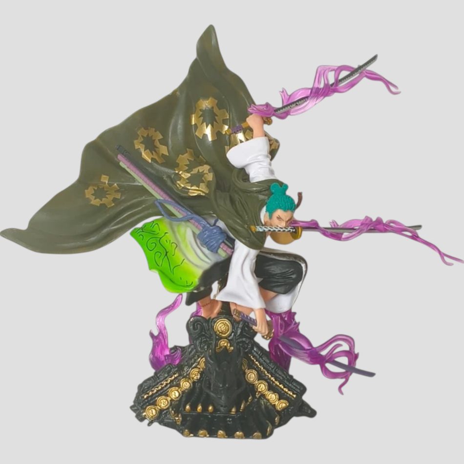 Figurine Roronoa Zoro 22 cm avec 3 sabres et haki sur toit - One Piece de face