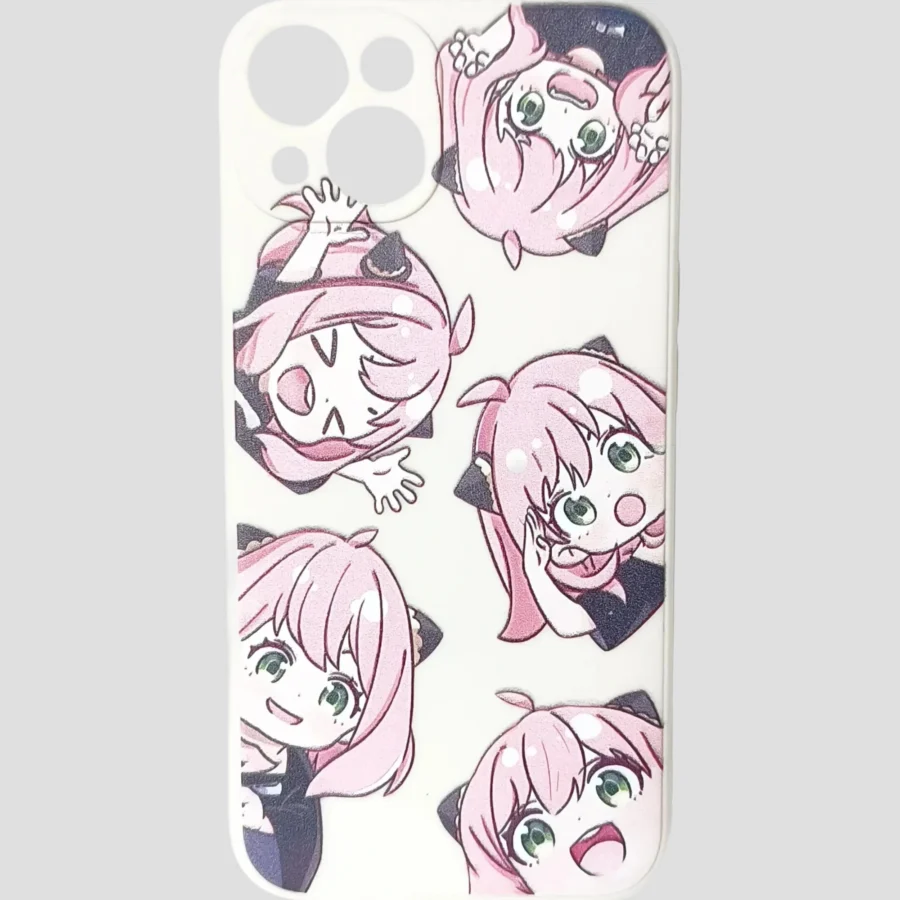Coque iPhone 13 blanche avec Anya Forger aux visages multiples – Spy x Family