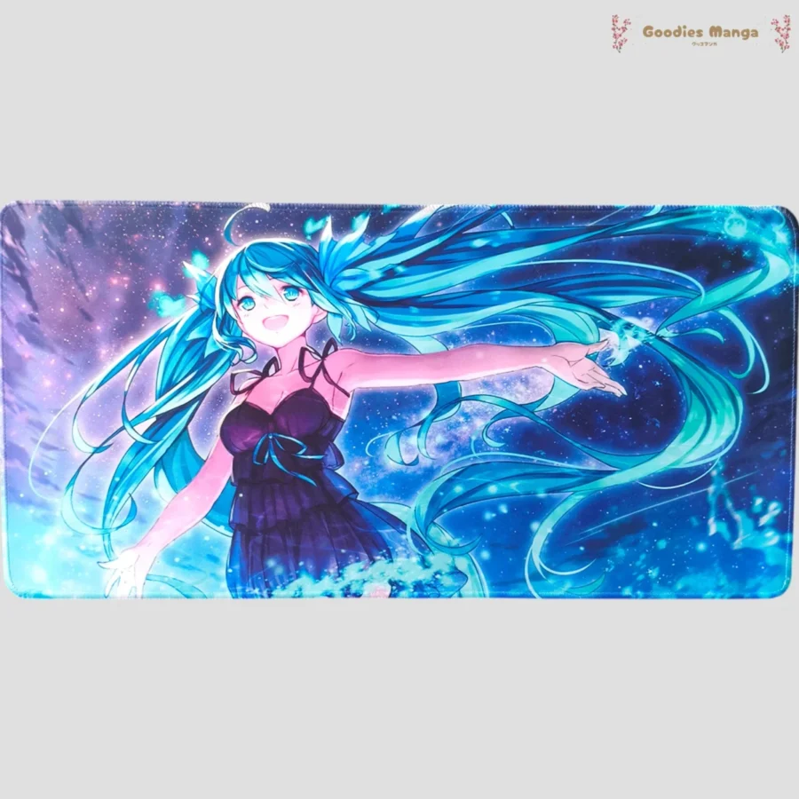 Tapis de souris Hatsune Miku en robe noire ambiance bleutee 60x30